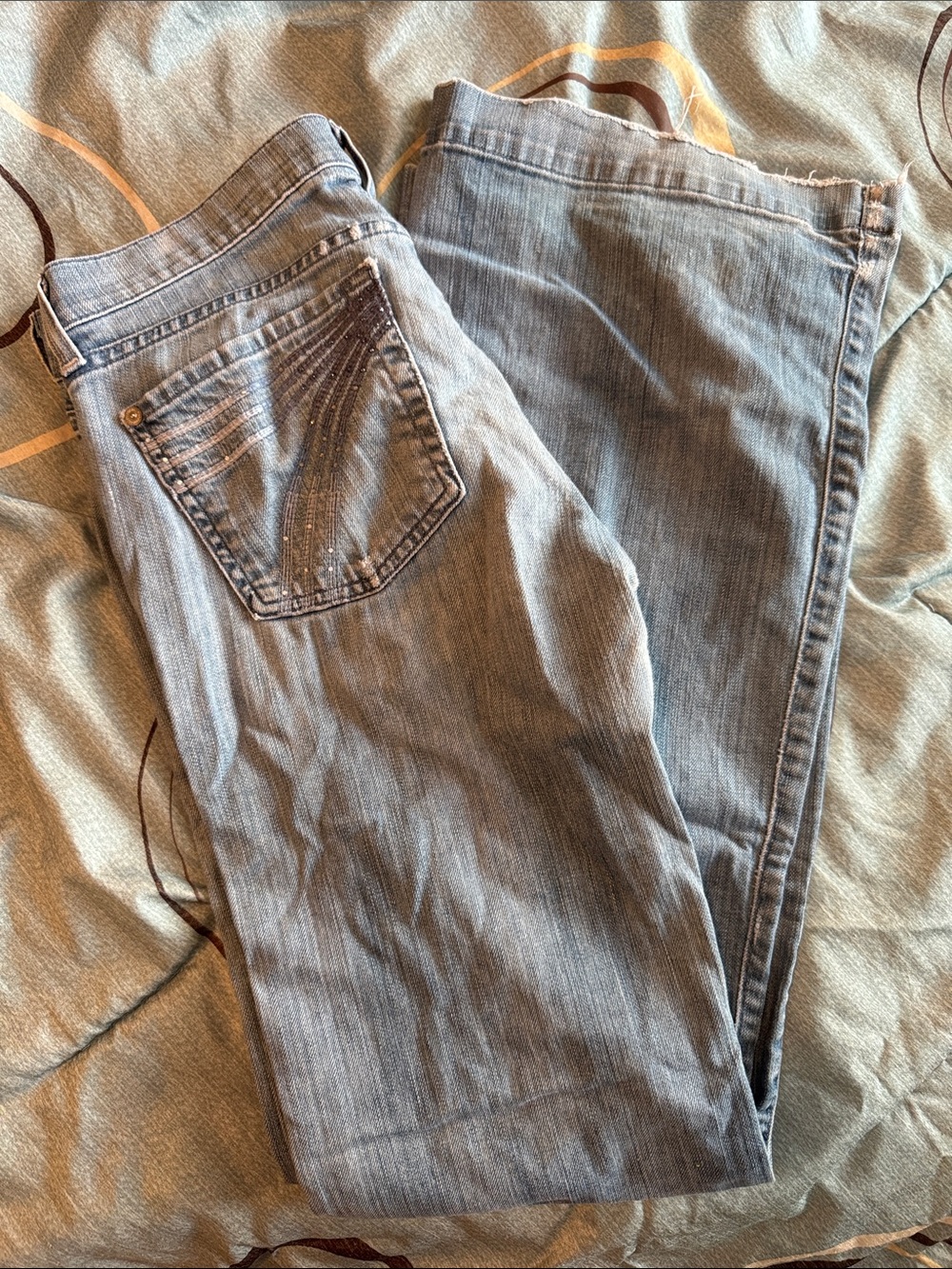 7 For All Mankind Light Blue Dojo Boot Cut Jeans with Embellished Back Pocket